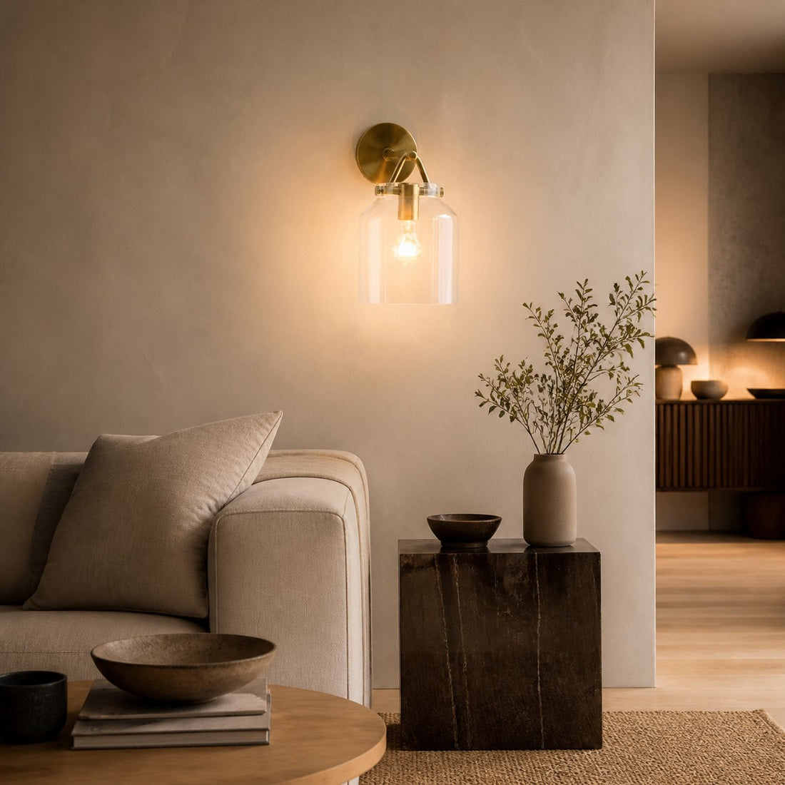Hanton Modern Minimalist Brass and Glass Sconce – Damp Rated for Bathrooms