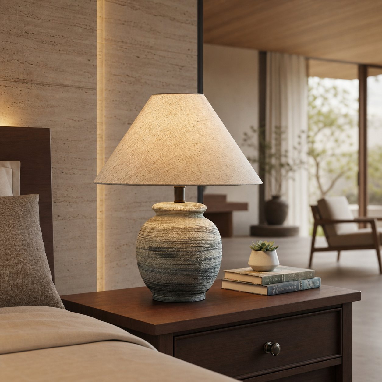 Ceravine Rustic Ceramic Base Table Lamp with Conical Fabric Shade – Elegant Accent Lighting for Home