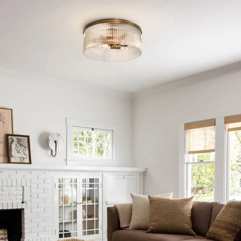 Cooper Ribbed Glass Flush Mount Ceiling Lamp -  Drum Crystal Light