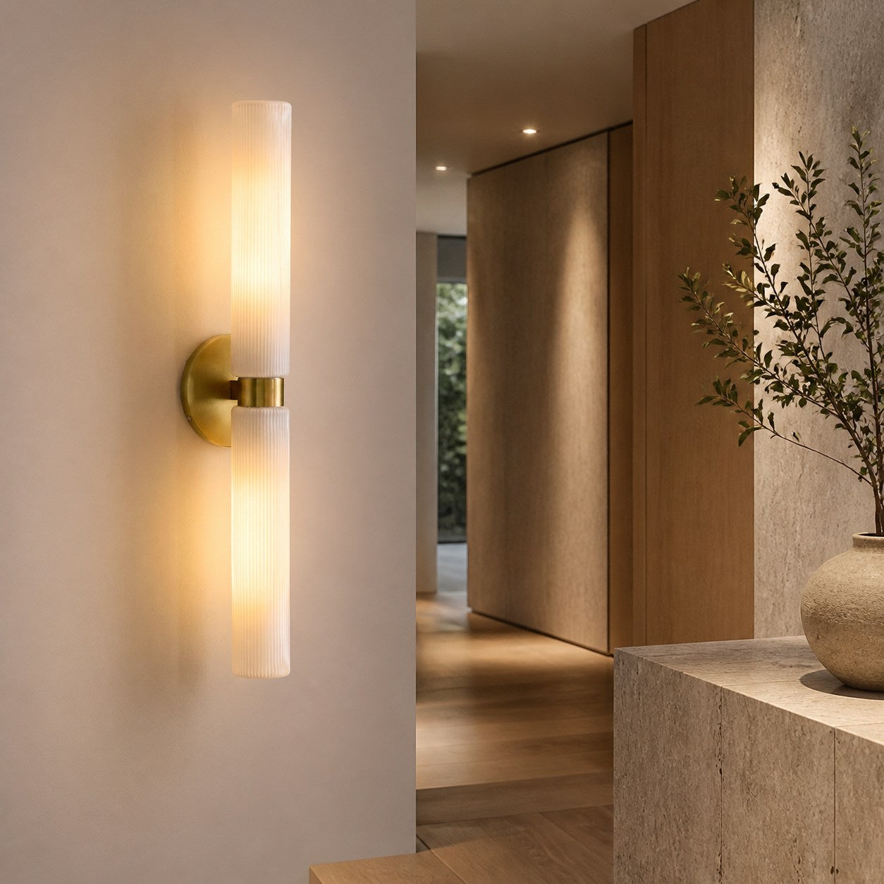 Rivora Modern Fluted Glass Wall Light - Double Short Indoor Outdoor Sconce