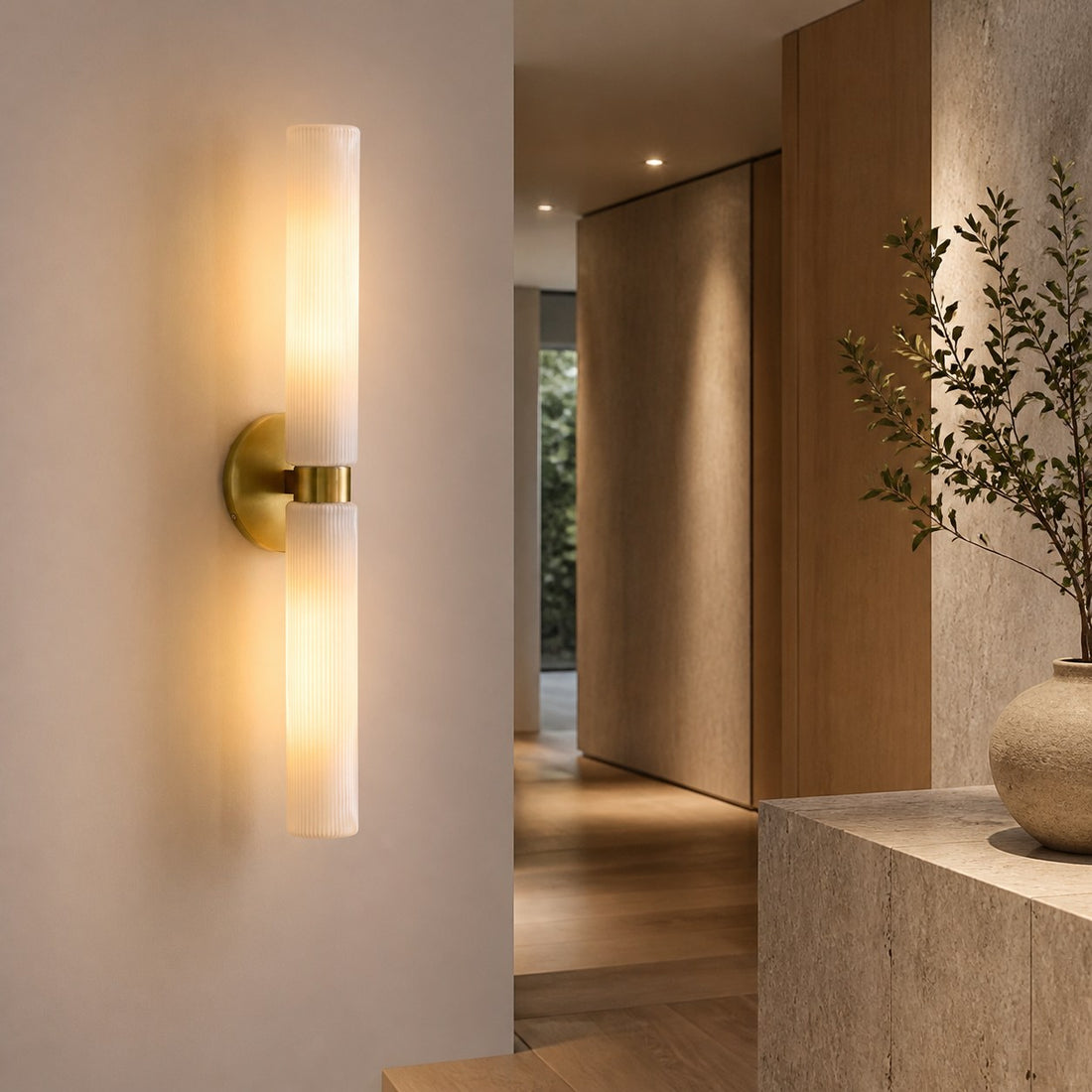 Rivora Modern Fluted Glass Wall Light - Double Short Indoor Outdoor Sconce
