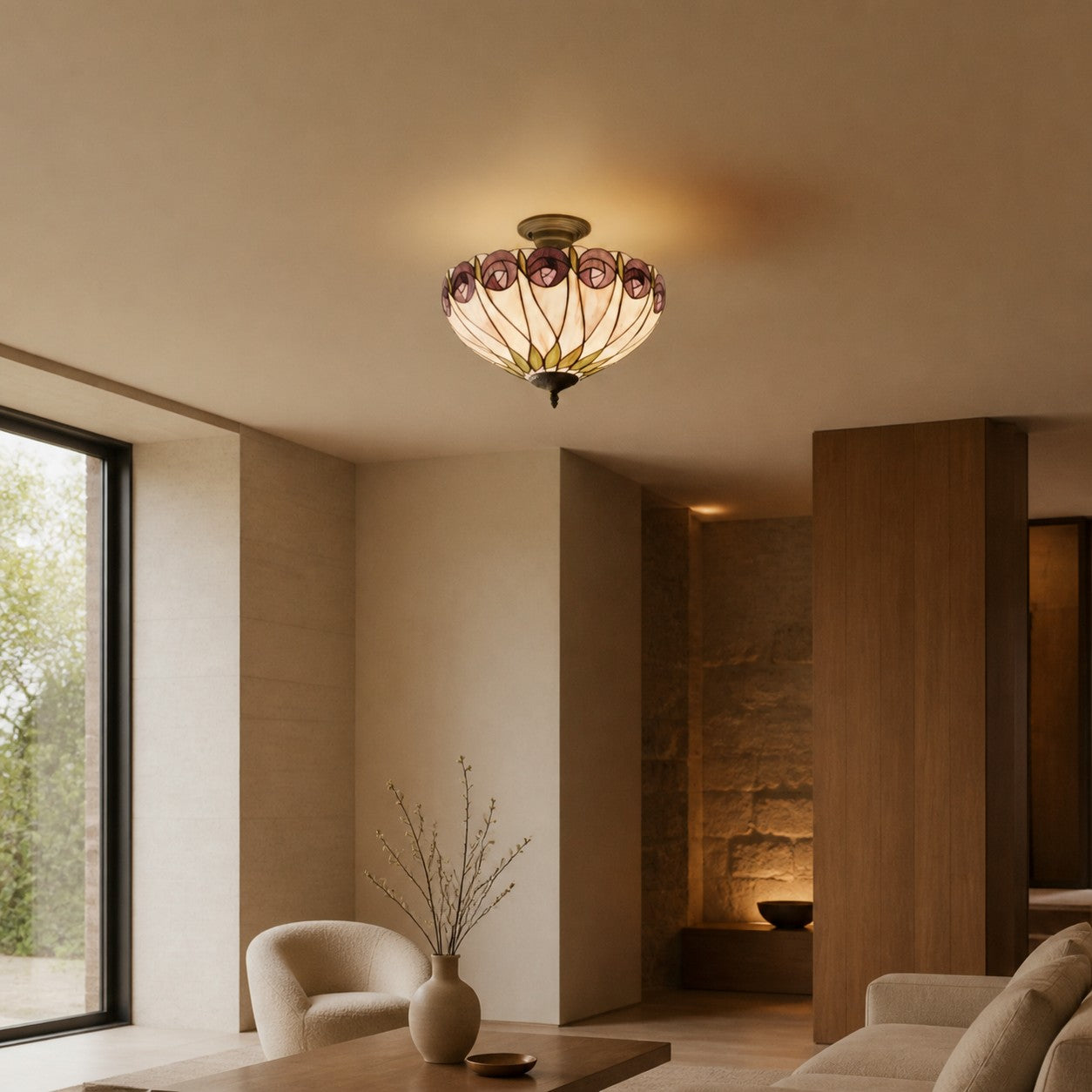 TF Hutchinson Tiffany Ceiling Light with Mackintosh Rose for Living and Dining Rooms