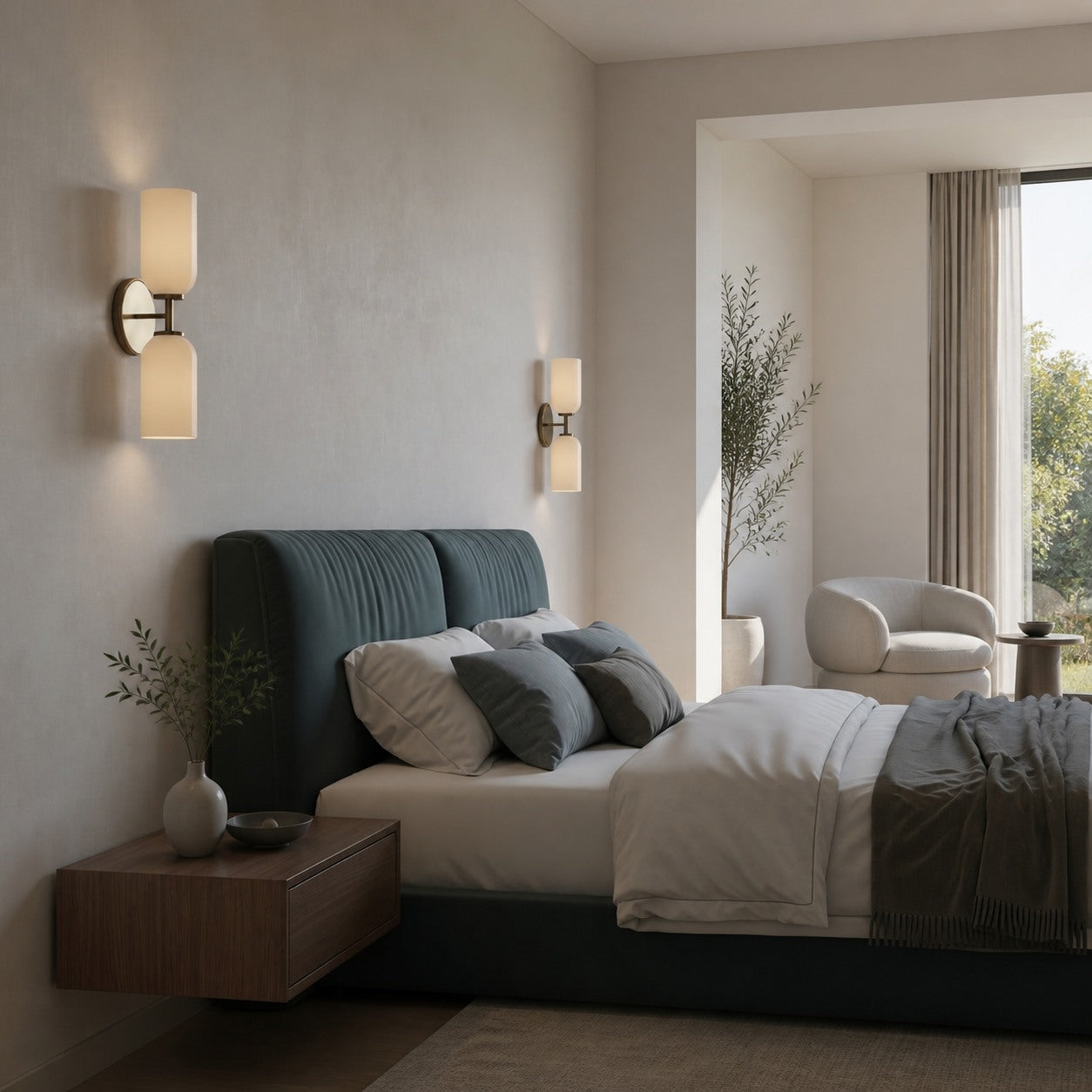 Vega Glass 2 Light Wall Sconce with Champagne Glass Shades - Modern Metal Frame Wall Light for Bathroom & Hallway