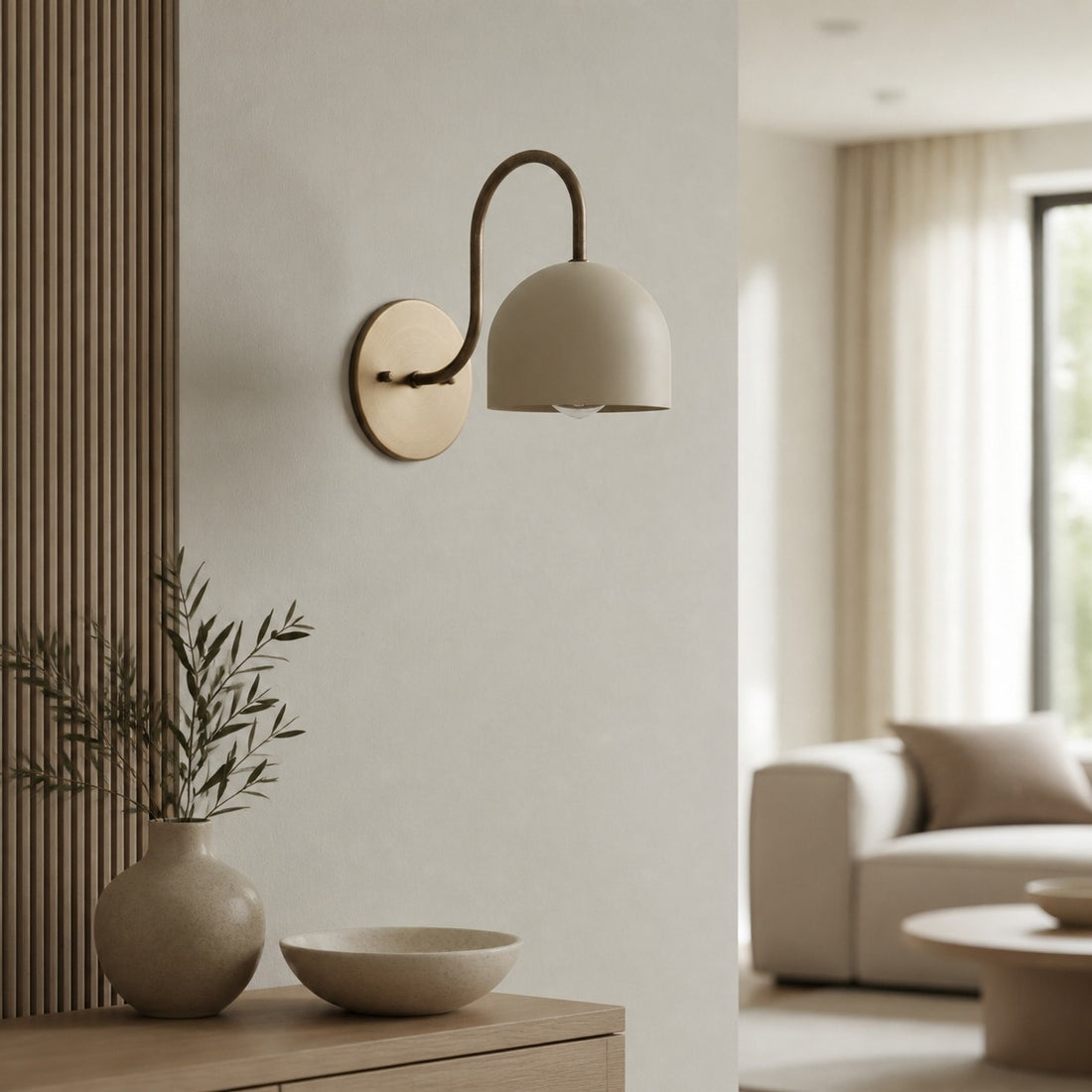 Curva Metal  Industrial Wall Sconce - Curved Brass Arm - Hammered Dome Light Fixture