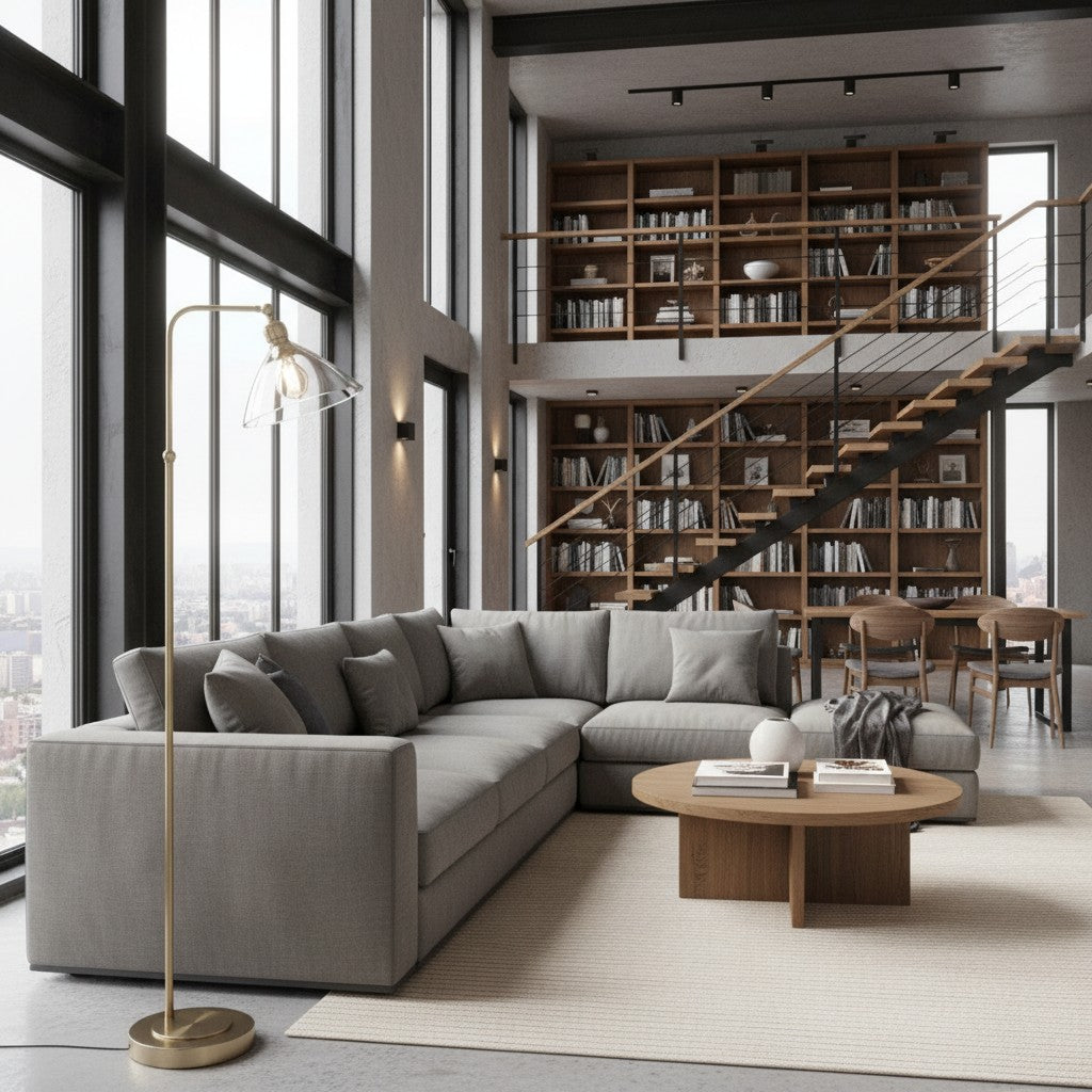 Clarione Art Deco Floor Lamp with Clear Glass Shade and Metal Base