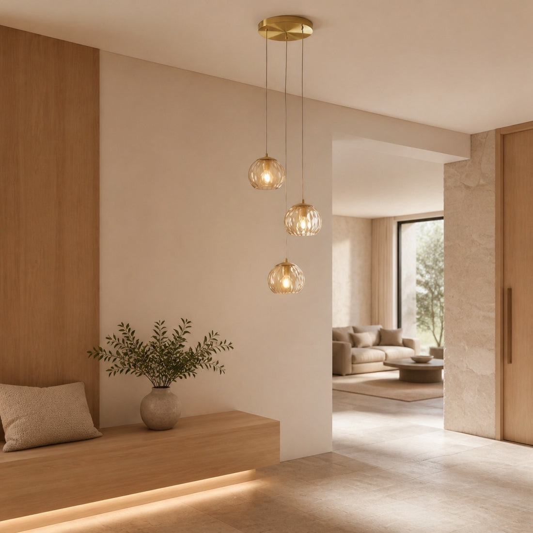 Tracian Dimpled Globes 3-Light Pendant Lamp – Sculptural Amber Lighting Ideal for Lounge or Entryway