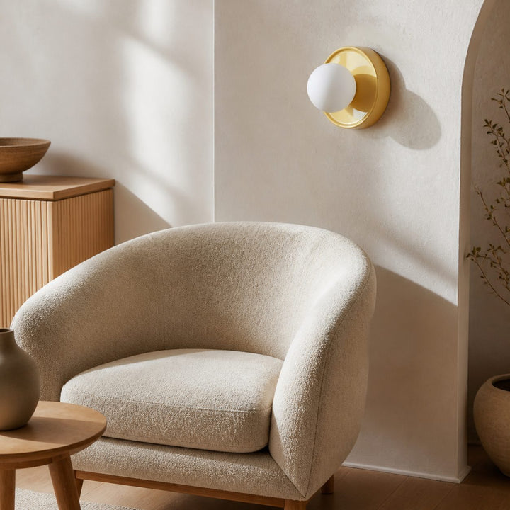 Solna Round Glass Wall Sconce with Ceramic Base—Minimalist Lighting for Bedroom or Hallway