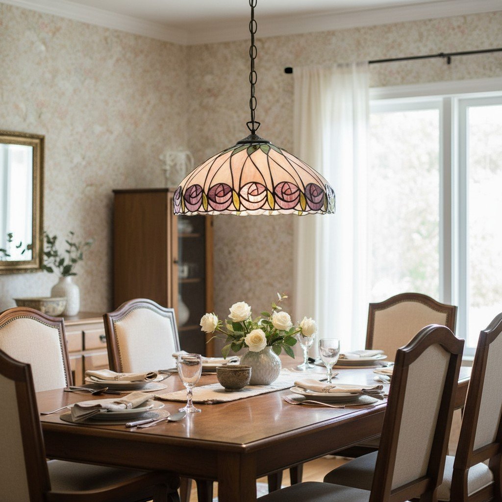 TF Hutchinson Tiffany Glass Pendant Light with Artistic Mosaic Design for Dining and Living Spaces