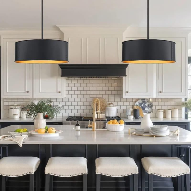 Black Metal Drum Pendant Lamp - Industrial 4 - Light Chandelier