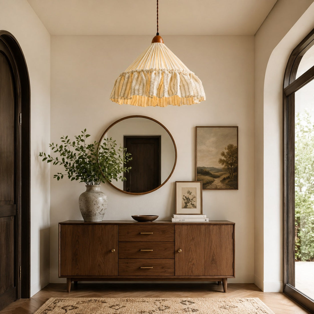 French Country Ruffled Fabric Pendant Light