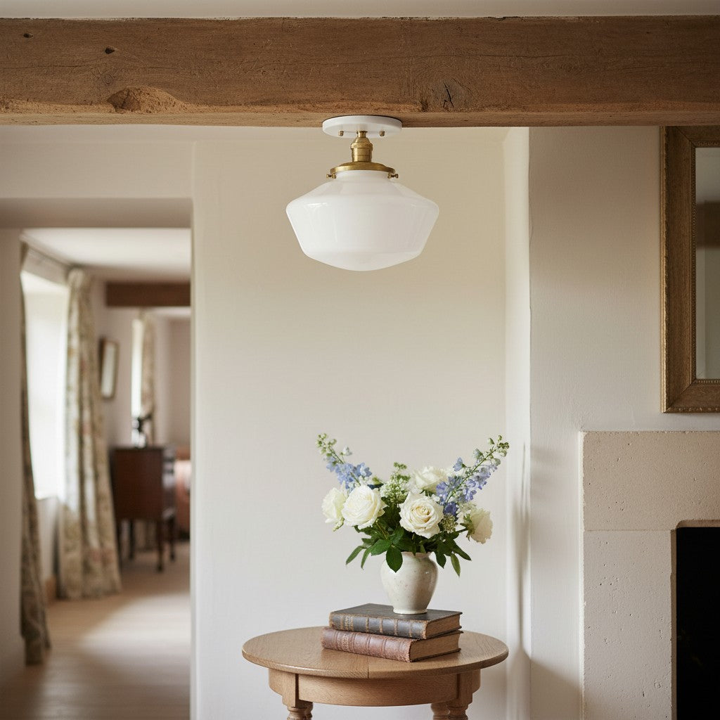 Geotower Glass Brass Ceiling Light - Opal Glass Schoolhouse Shade - Modern Elegance