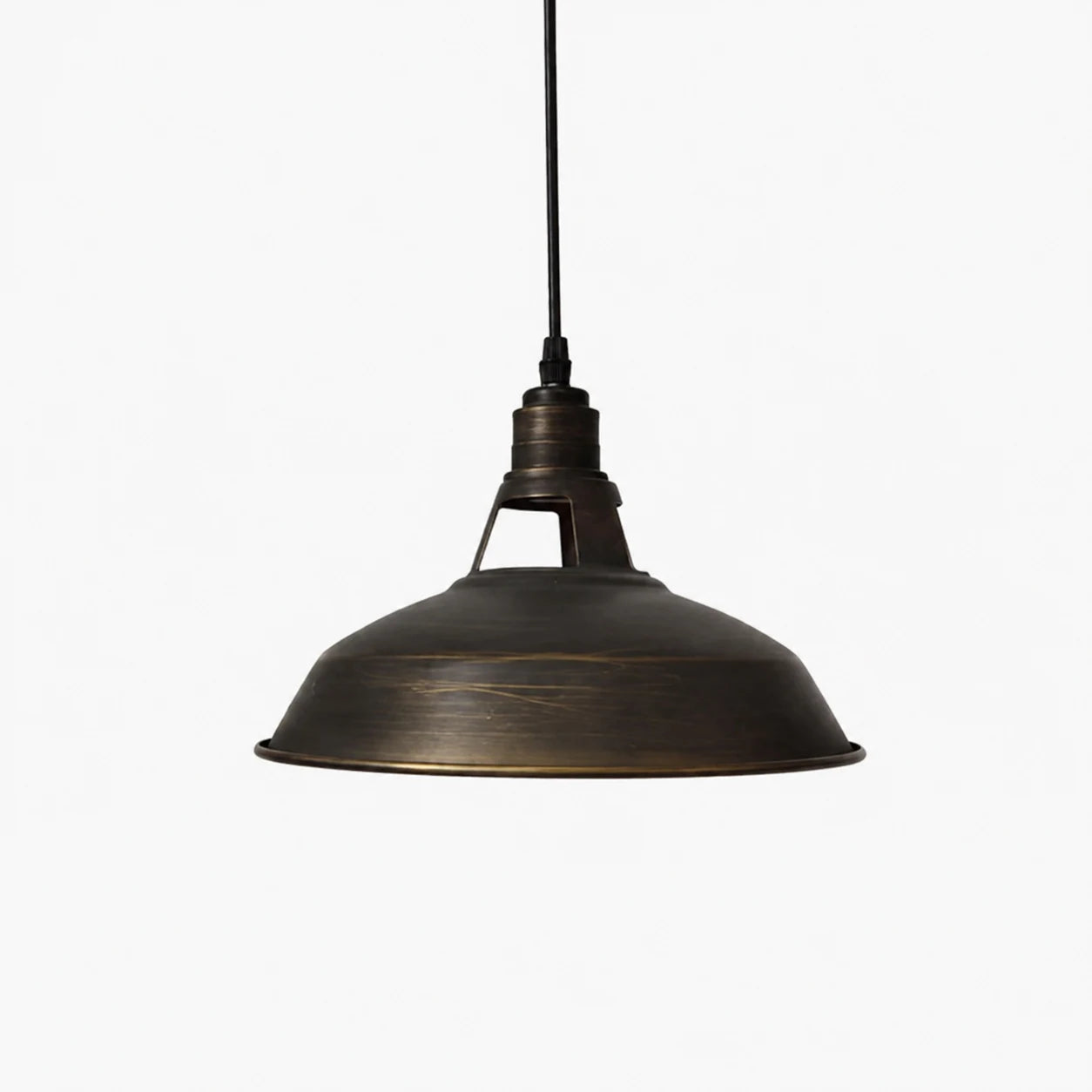 Antique brass wide metal pendant lamp on white background
