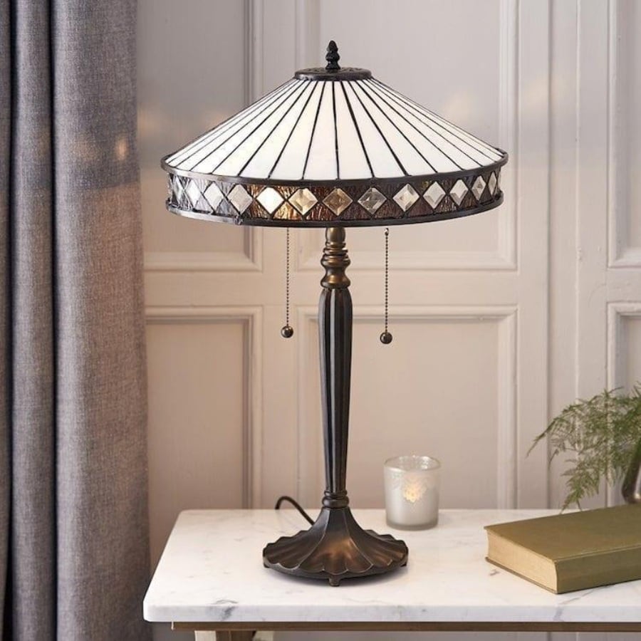 TF Fargo Geometric Tiffany Style Lamp - Amber and Cream Glass Accent Lighting for Bedroom or Study