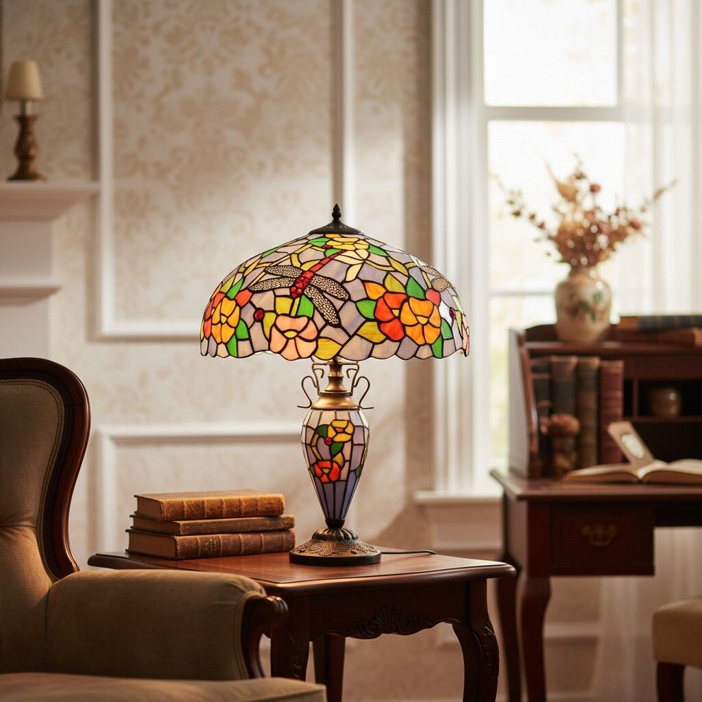 TF Keswick Dragonfly Tiffany Table Lamp – Handcrafted Stained Glass Shade for Living Room or Bedroom