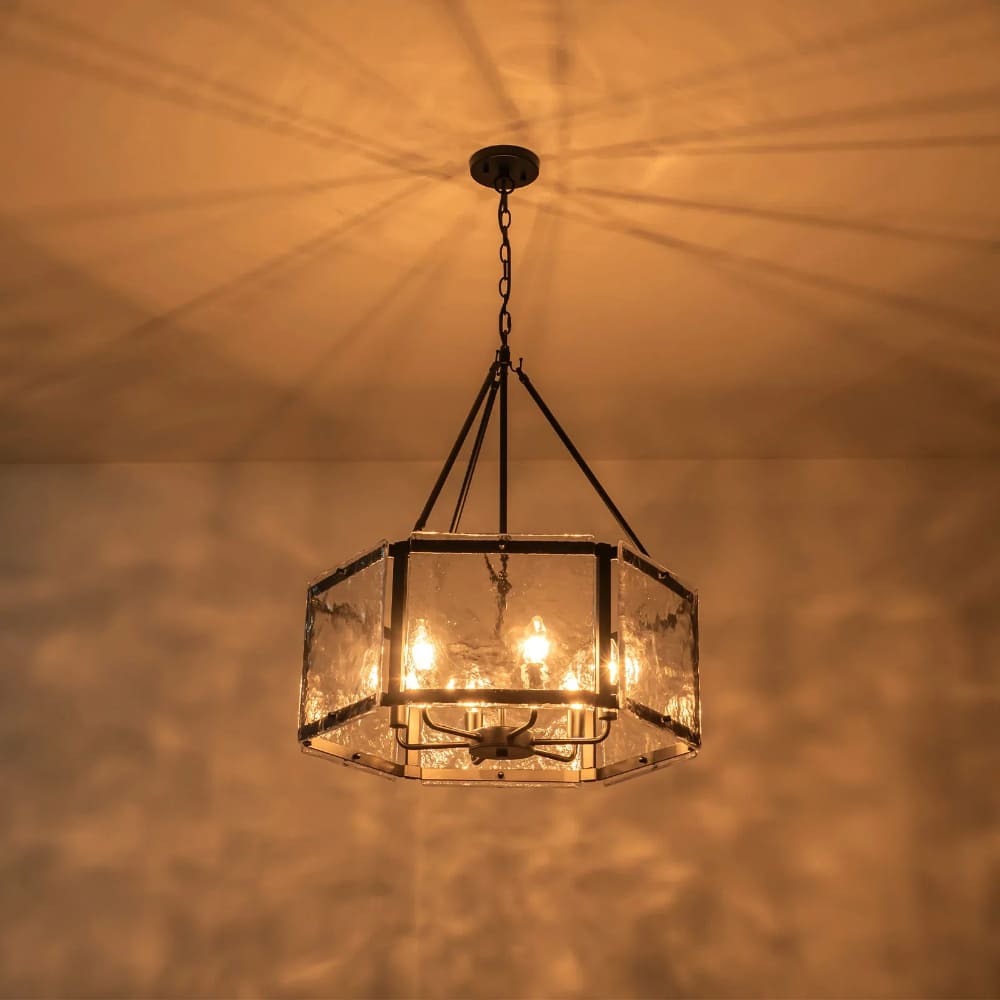 Textured Water Ripple Drum Chandelier - 6-Light Glass Pendant Light