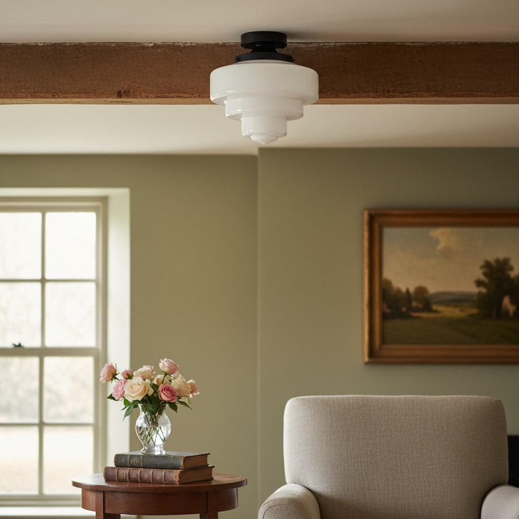 Geotower Glass Brass Ceiling Lamp – Handblown Opal Glass Globe Light