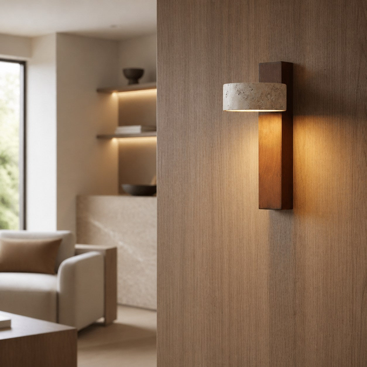 Waloria Contemporary Wall Lamp – Minimalist Wooden Fixture with Natural Stone Shade for Living Room N56