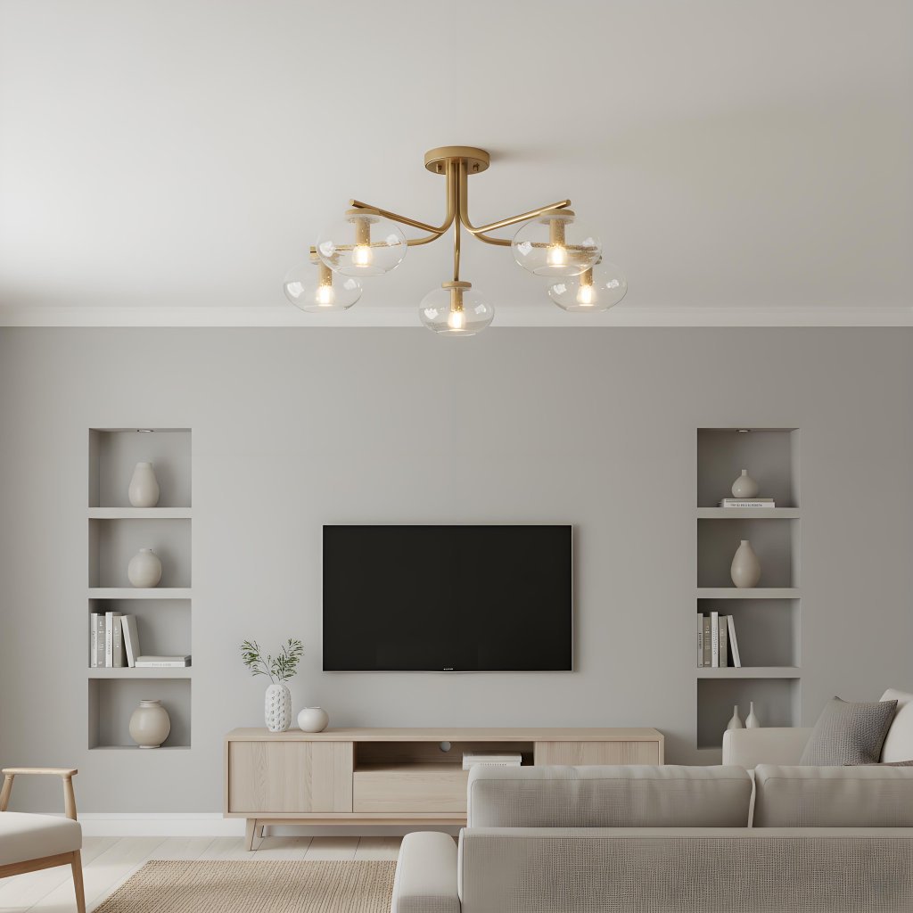 Bublaris Bubble-Glass Semi-Flush Ceiling Light - Curved Brass Arms for Living Room or Hallway