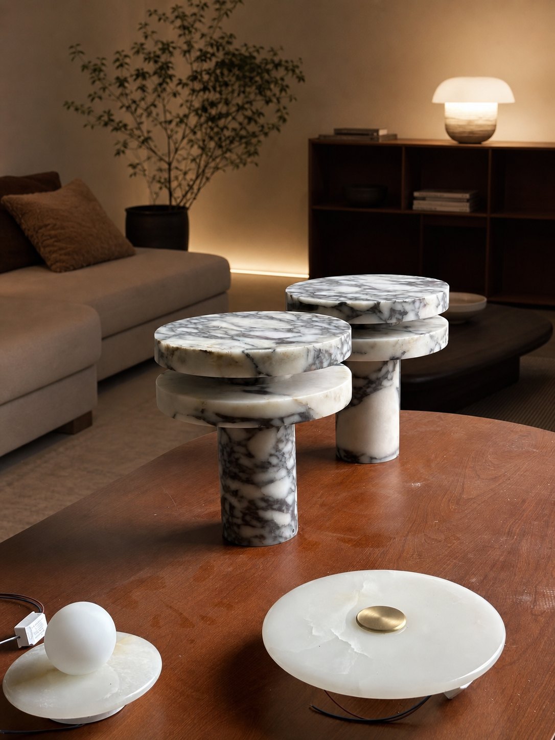 Modern Sculptural Table Lamp with Cylindrical Base Design for Bedroom Bedside and Living Room Use