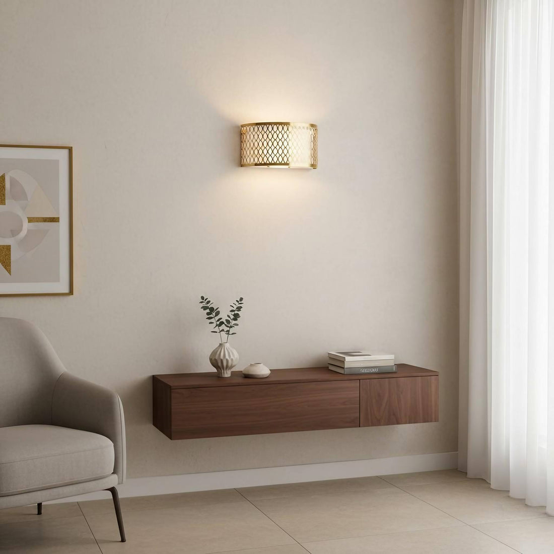 Liorin Fretwork Wall Light - Modern Curved Metal and Fabric Shade Sconce for Hallway or Bedroom