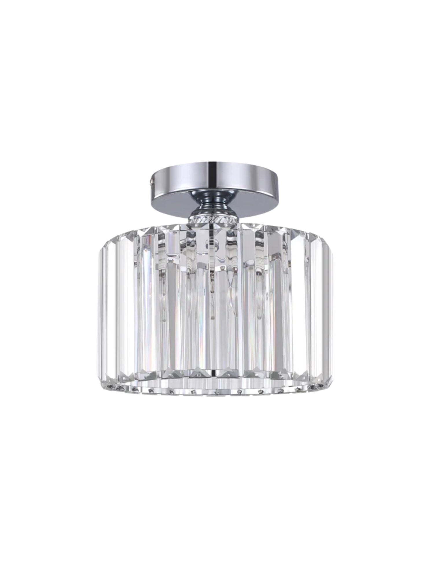 Silver Semi Flush Crystal Ceiling Light - Modern Drum Prismatic Light