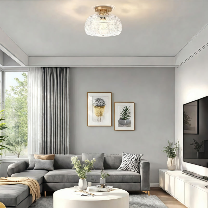 Vintage Glass Semi Flush Mount Ceiling Light with Flora Engraved Pattern