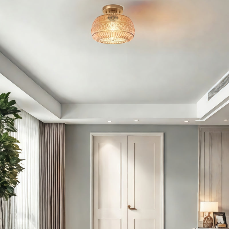 Vintage Glass Semi Flush Mount Ceiling Light with Flora Engraved Pattern