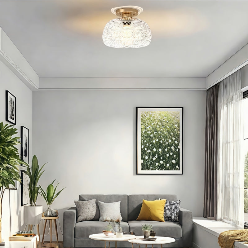 Vintage Glass Semi Flush Mount Ceiling Light with Flora Engraved Pattern