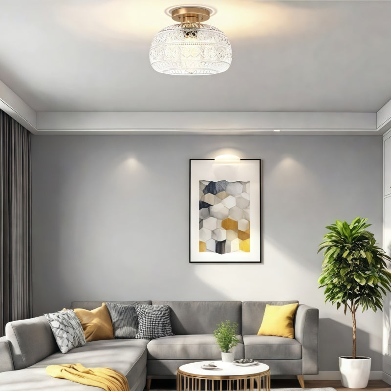 Vintage Glass Semi Flush Mount Ceiling Light with Flora Engraved Pattern