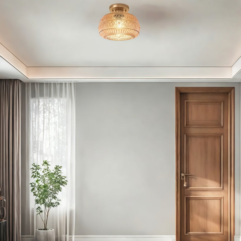 Vintage Glass Semi Flush Mount Ceiling Light with Flora Engraved Pattern