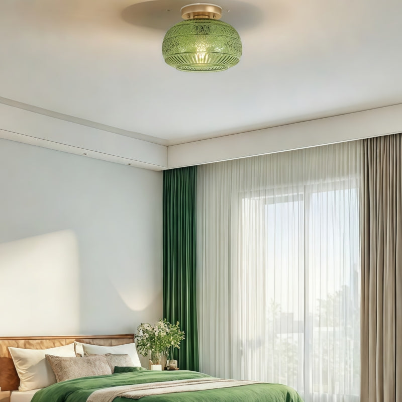 Vintage Glass Semi Flush Mount Ceiling Light with Flora Engraved Pattern