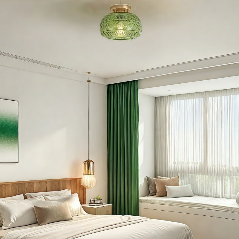 Vintage Glass Semi Flush Mount Ceiling Light with Flora Engraved Pattern