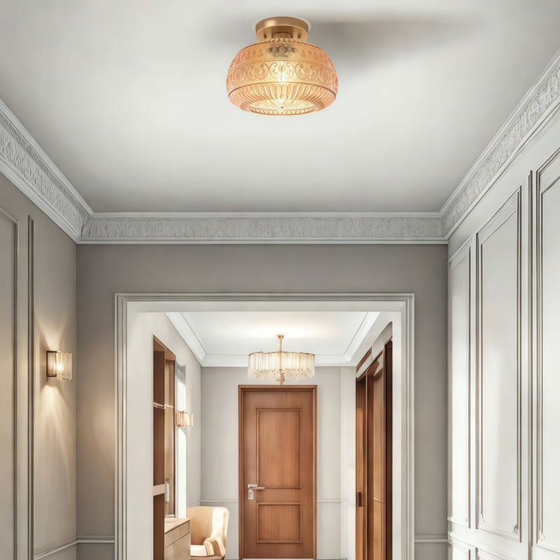 Vintage Glass Semi Flush Mount Ceiling Light with Flora Engraved Pattern