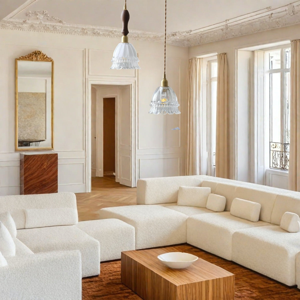 Jellyfish Flower Glass Pendant Light – Walnut & Antique Brass Style