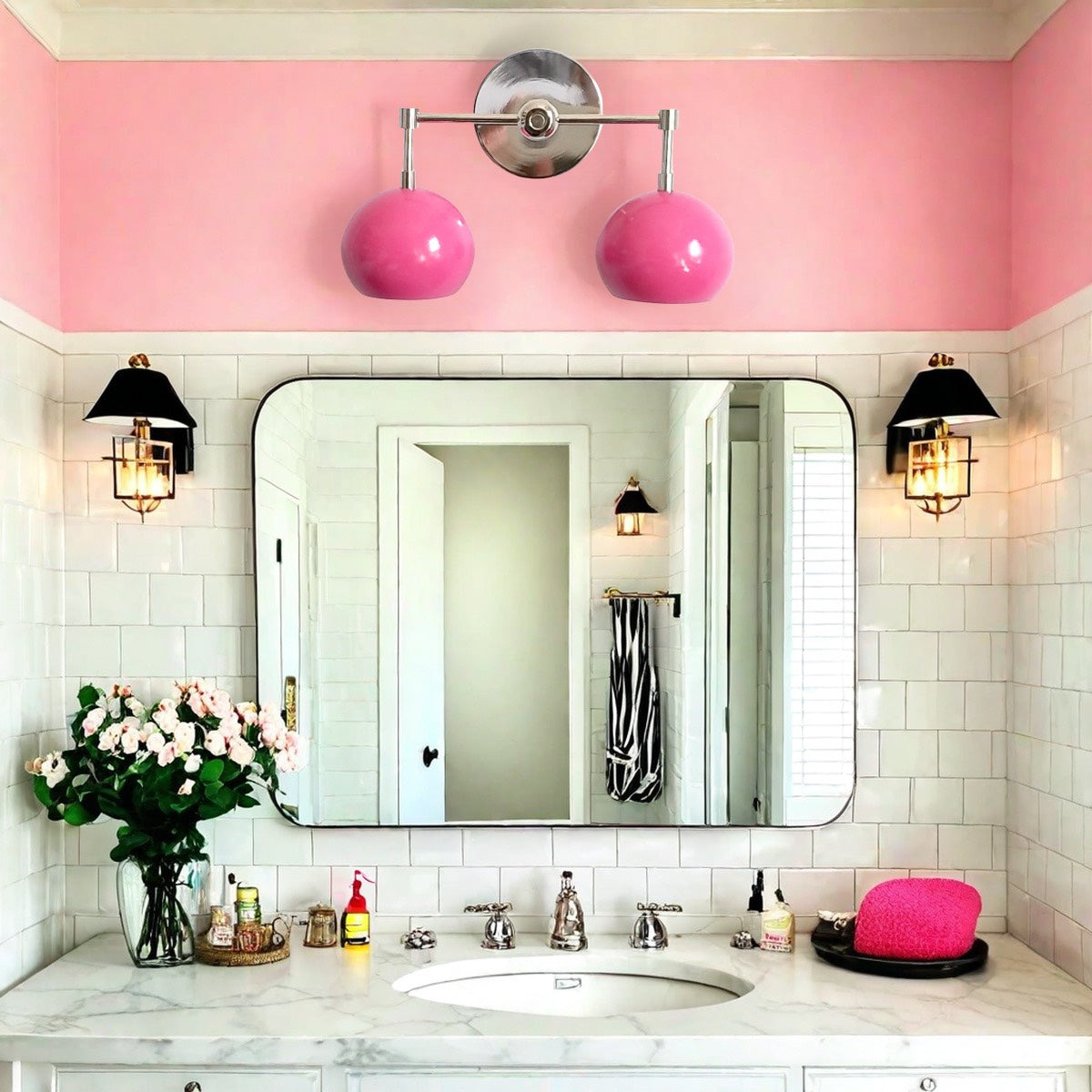 Doll Pink Wall Sconce - Double Head Globe-shaped Bath Wall Light