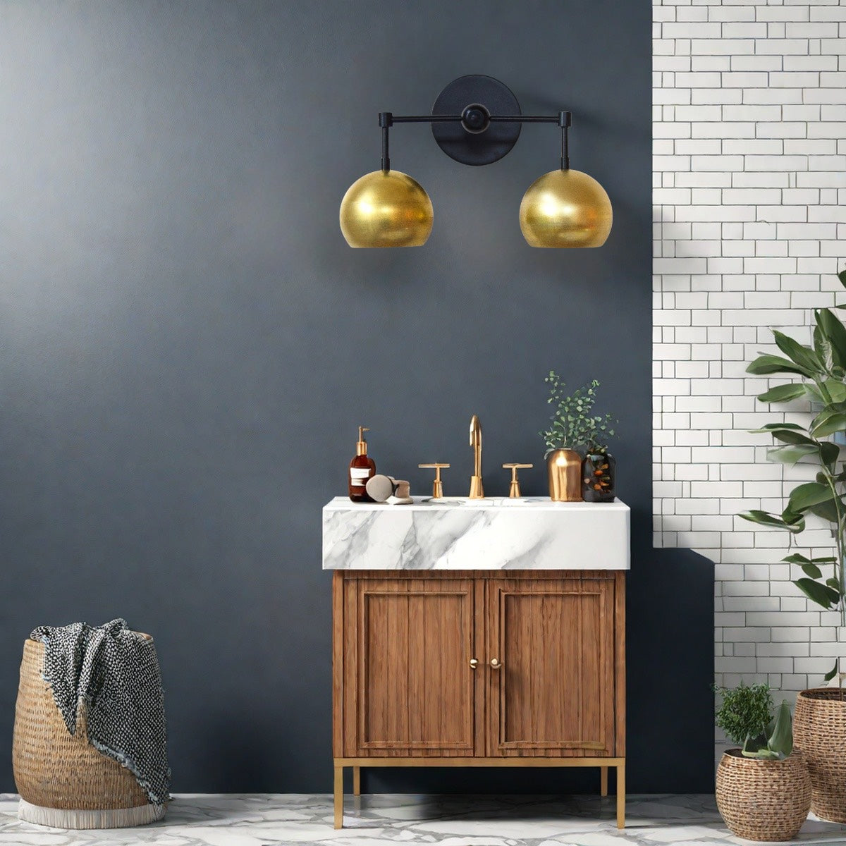 Raw Brass Wall Light - Double Ball Gold Metal Vanity Wall Sconce