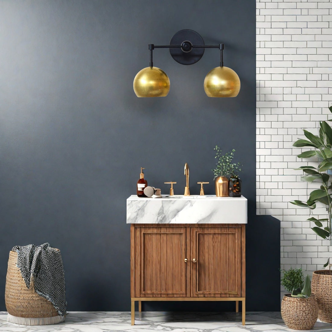 Raw Brass Loa Wall Light - Double Ball Gold Metal Vanity Wall Sconce