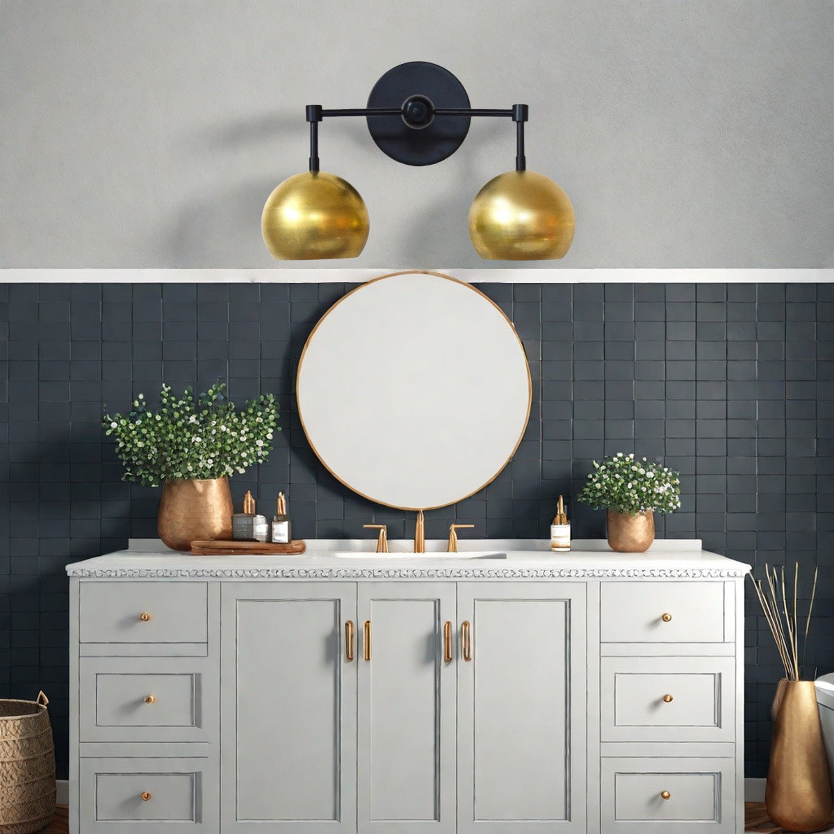 Raw Brass Wall Light - Double Ball Gold Metal Vanity Wall Sconce