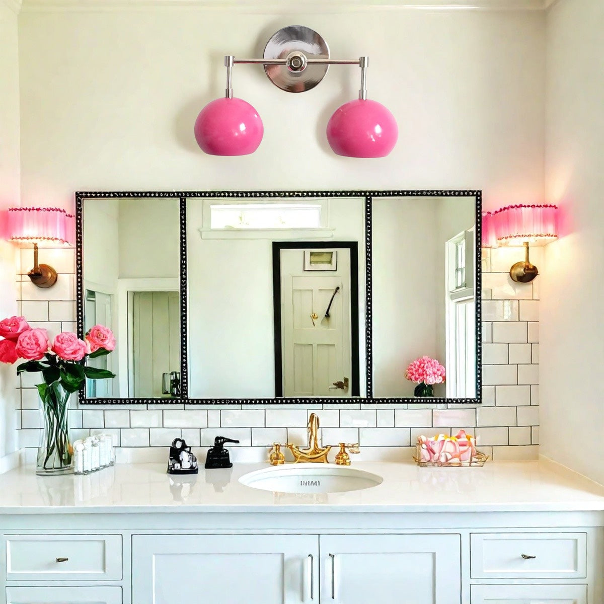 Doll Pink Wall Sconce - Double Head Globe-shaped Bath Wall Light