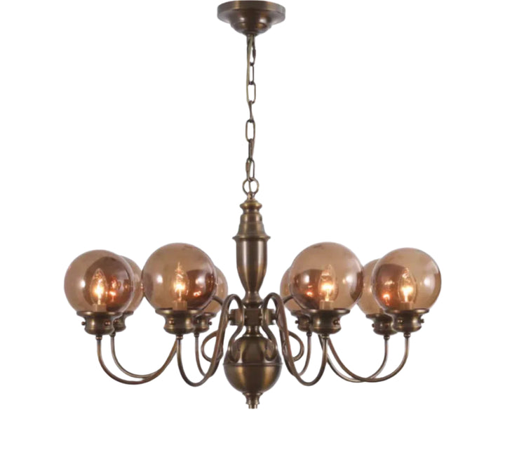 Antique Copper Branches Chandelier With Dark Coffee Blown Multiple Spheres Glass Lampshade