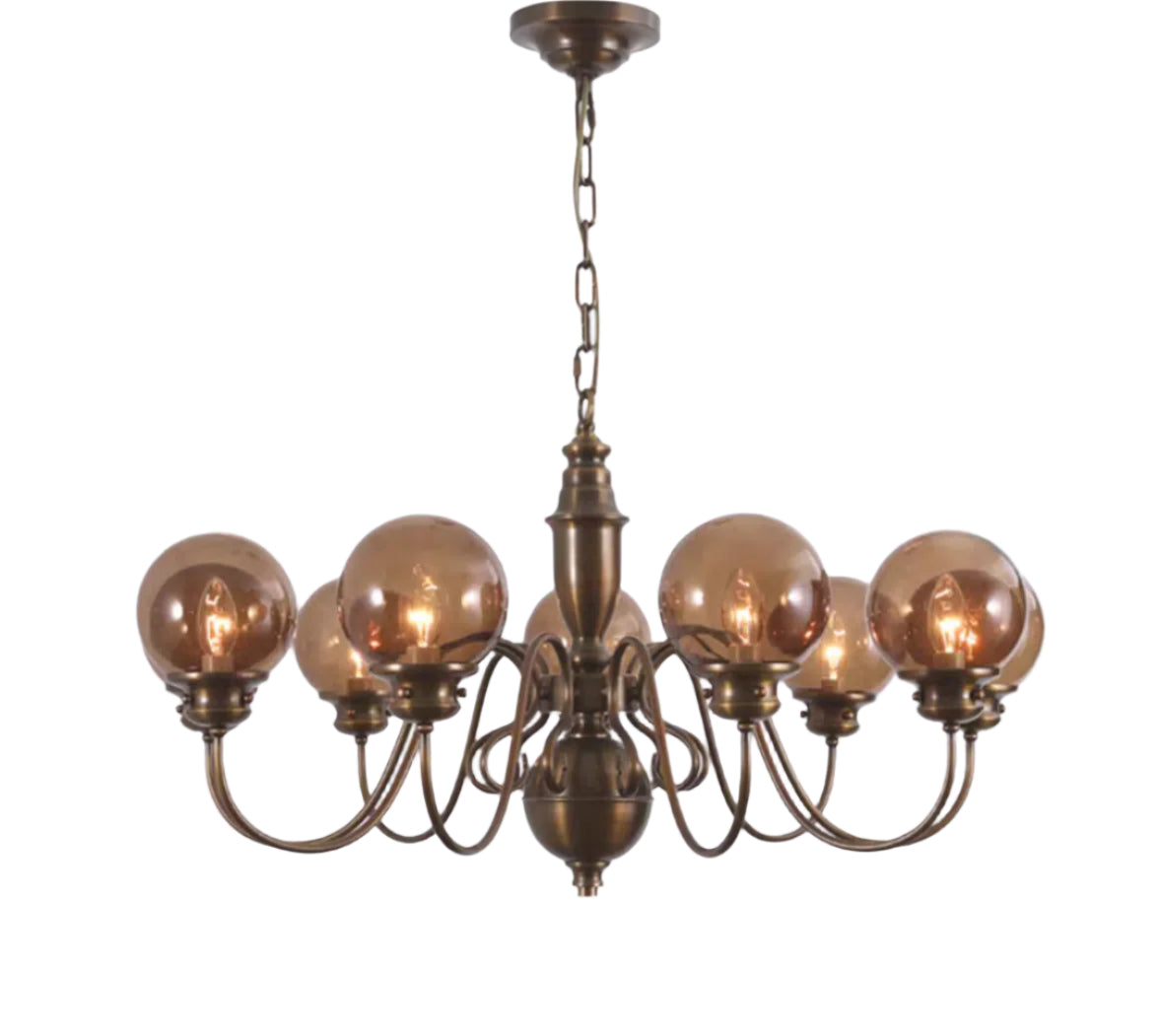 Antique Copper Branches Chandelier With Dark Coffee Blown Multiple Spheres Glass Lampshade 1