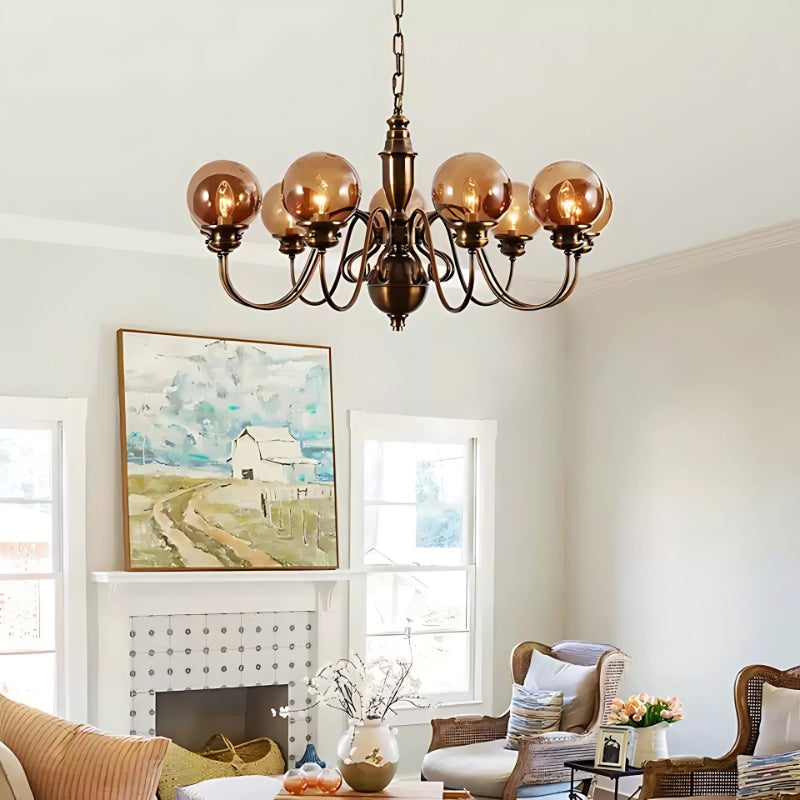 Antique Copper Branches Chandelier With Dark Coffee Blown Multiple Spheres Glass Lampshade 5