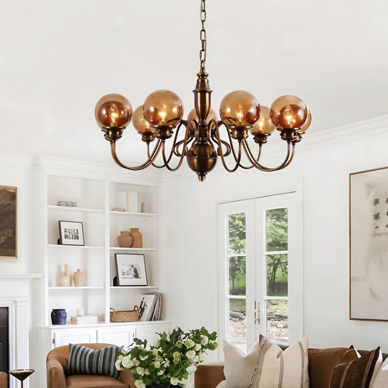 Antique Copper Branches Chandelier With Dark Coffee Blown Multiple Spheres Glass Lampshade 6