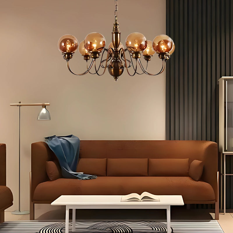 Antique Copper Branches Chandelier With Dark Coffee Blown Multiple Spheres Glass Lampshade