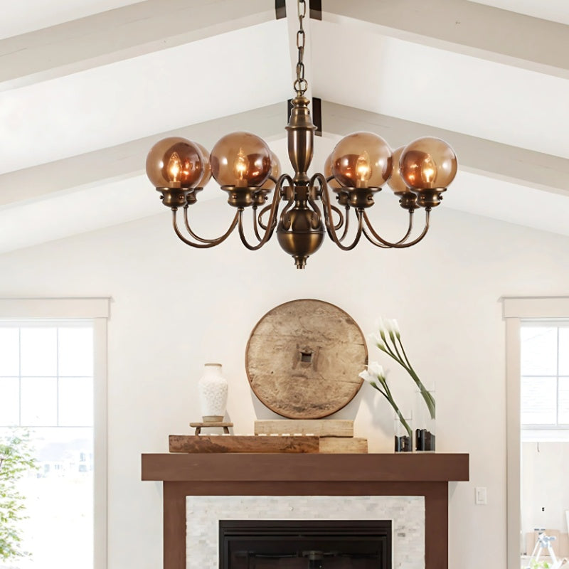 Antique Copper Branches Chandelier With Dark Coffee Blown Multiple Spheres Glass Lampshade 4