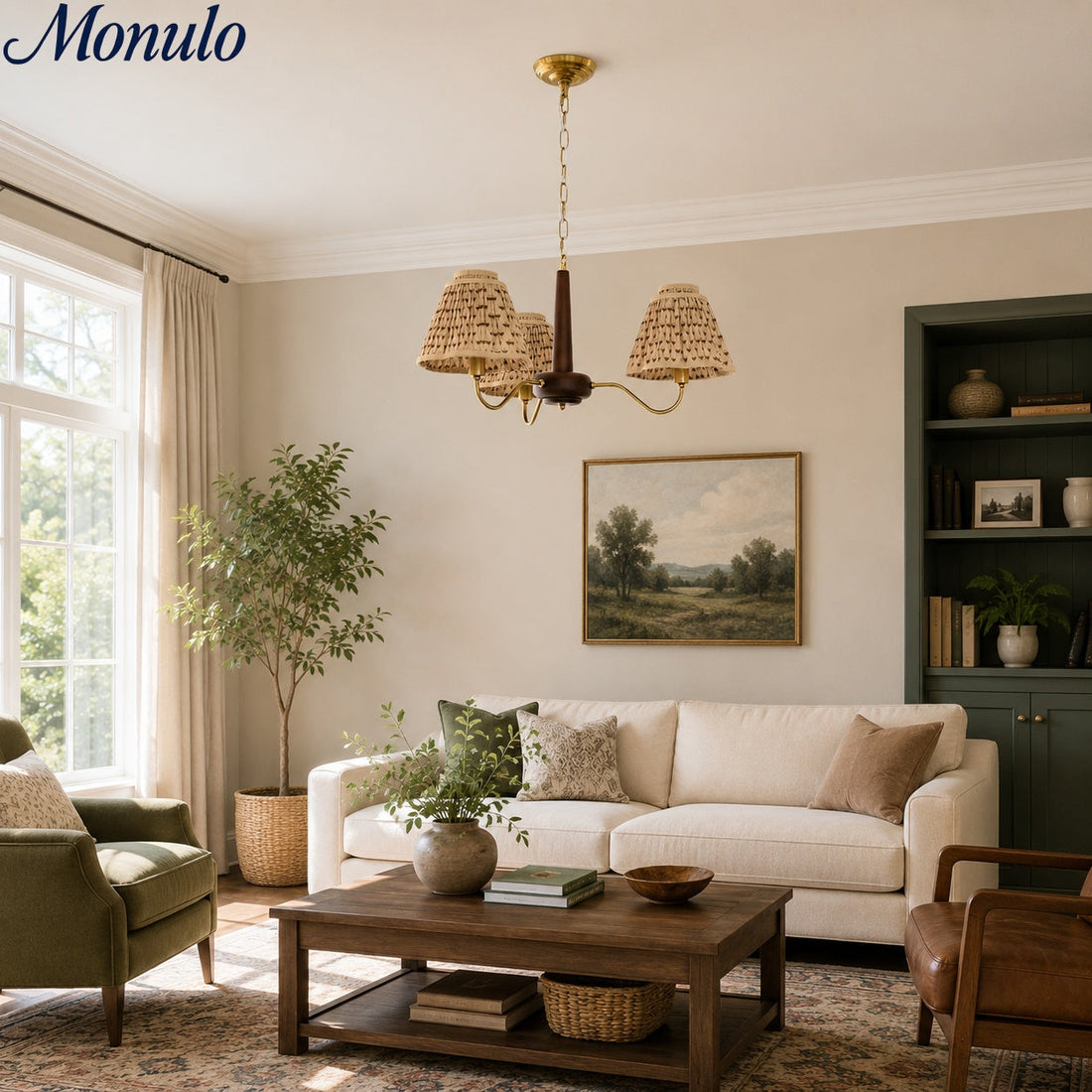 Solmire Rustic Chandelier - Wood and Metal Floral Fabric Shades for Living Room