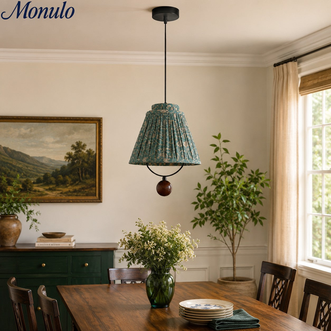 Solmire Fabric Pendant Light - Floral Pleated Shade with Wood and Iron Accents for Dining Room and Kitchen Island