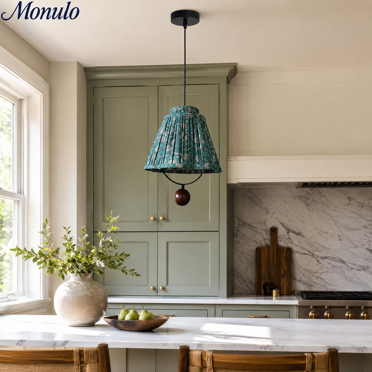 Solmire Fabric Pendant Light - Floral Pleated Shade with Wood and Iron Accents for Dining Room and Kitchen Island