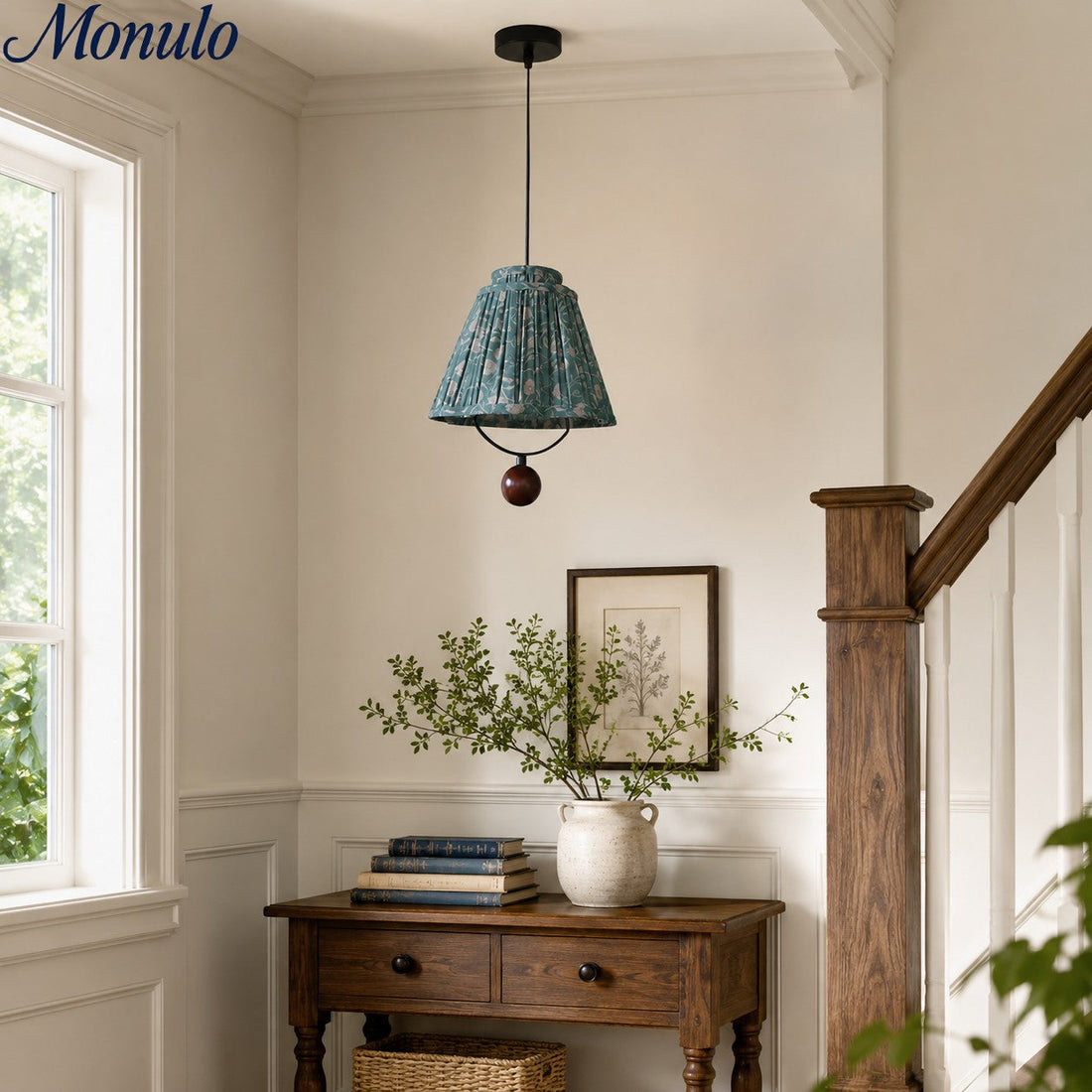 Solmire Fabric Pendant Light - Floral Pleated Shade with Wood and Iron Accents for Dining Room and Kitchen Island