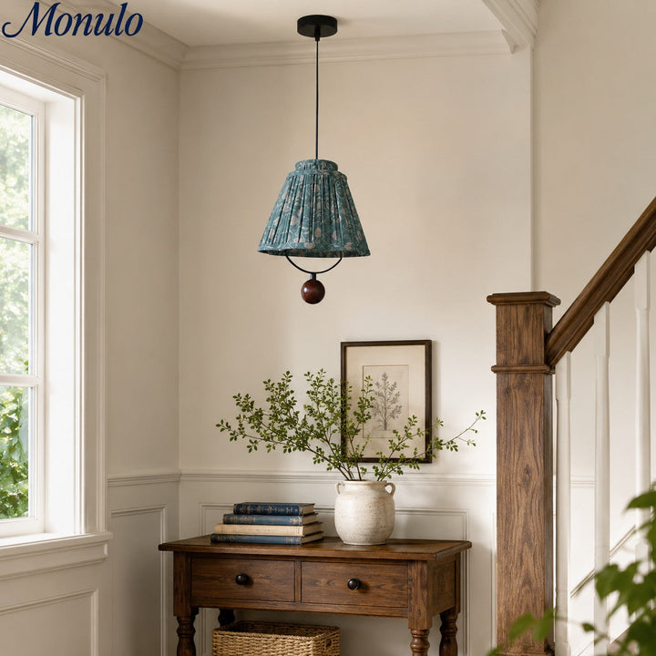 Solmire Fabric Pendant Light - Floral Pleated Shade with Wood and Iron Accents for Dining Room and Kitchen Island